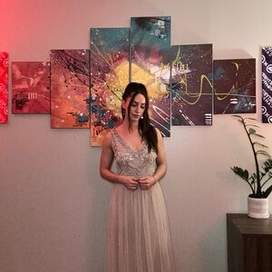 Elegant Beaded Taupe Evening Gown